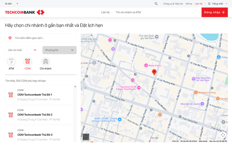 Tra cứu máy CDM gần nhất trên website Techcombank.