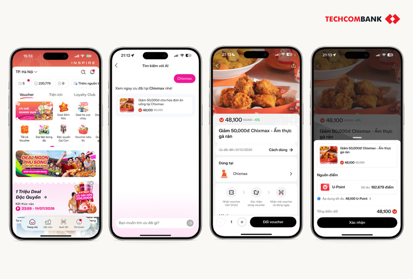 Đổi U-Point nhận voucher Chixmax trên app Techcombank OneU.