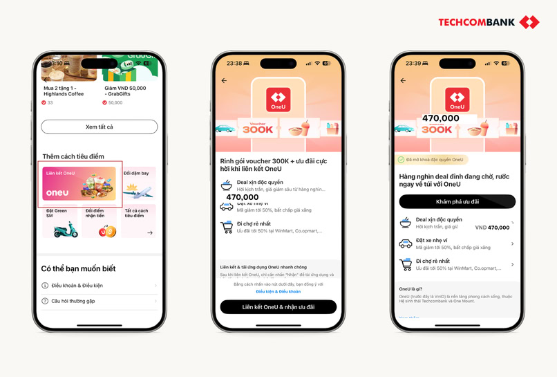 3 bước liên kết tài khoản Techcombank OneU và app Techcombank OneU.