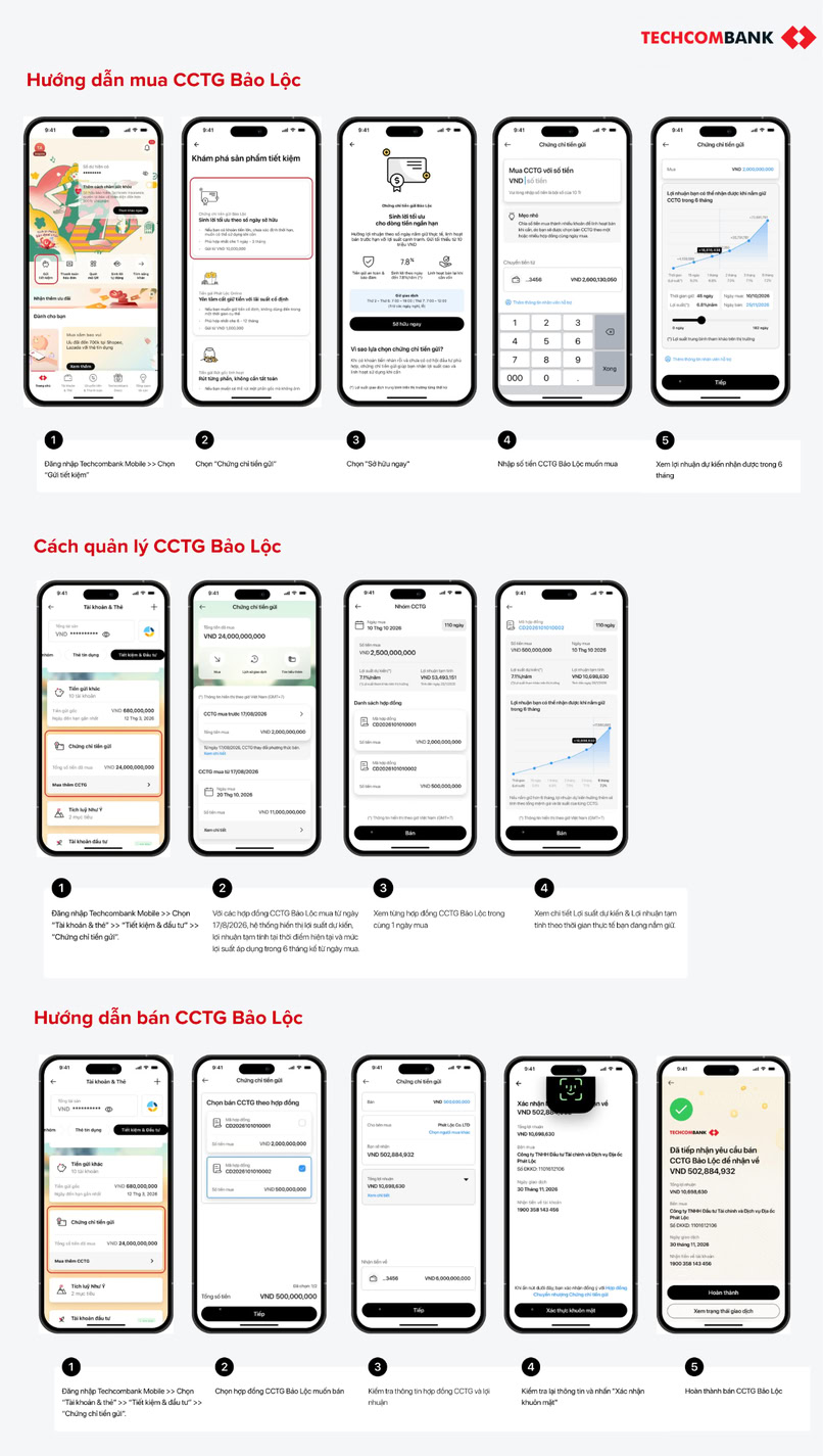 Hướng dẫn mua, bán và quản lý Chứng chỉ tiền gửi Bảo Lộc trên Techcombank Mobile. 