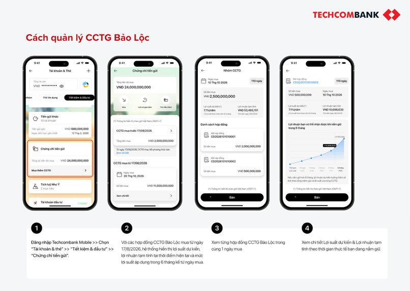 Thuận tiện quản lý CCTG Bảo Lộc trên Techcombank Mobile.