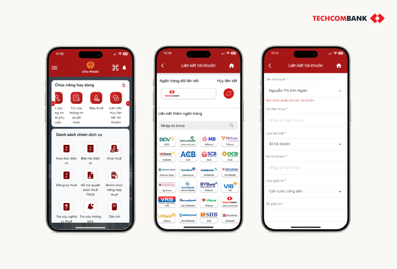 Các bước liên kết tài khoản Techcombank trên eTax Mobile