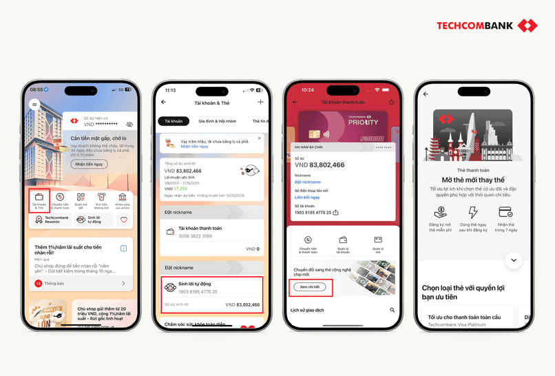 Mở thẻ mới cho tài khoản trên Techcombank Mobile.