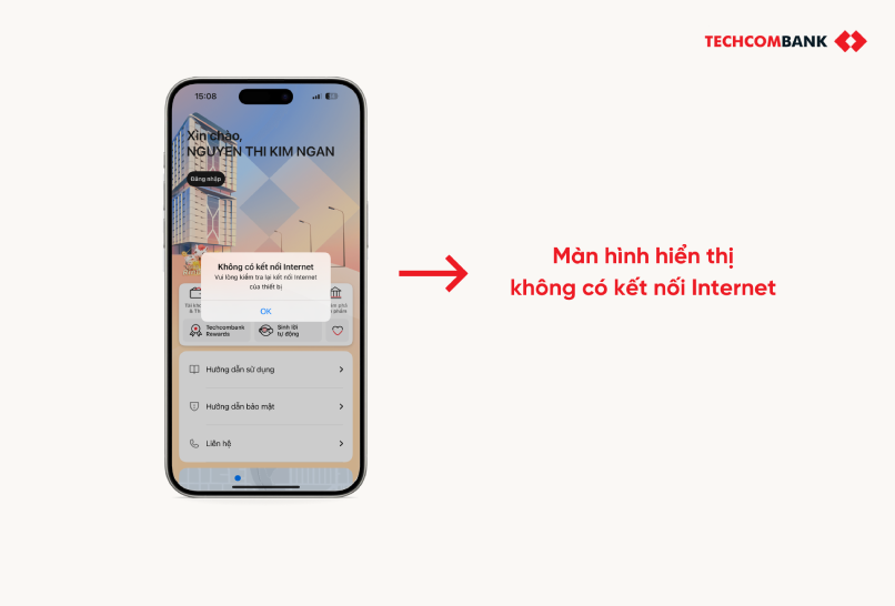  Màn hình hiển thị Không có kết nối Internet.