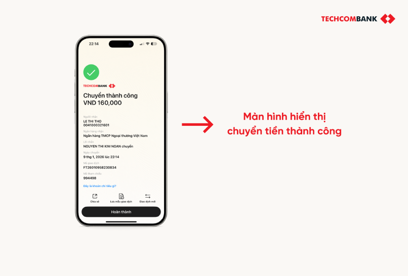 Màn hình hiển thị chuyển khoản thành công.