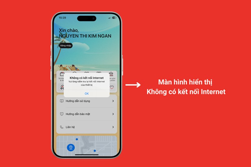 Màn hình hiển thị Không có kết nối Internet.