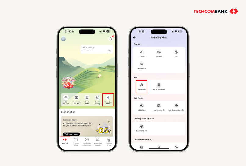 Khách hàng đăng nhập Techcombank Mobile và mục Tính năng khác.