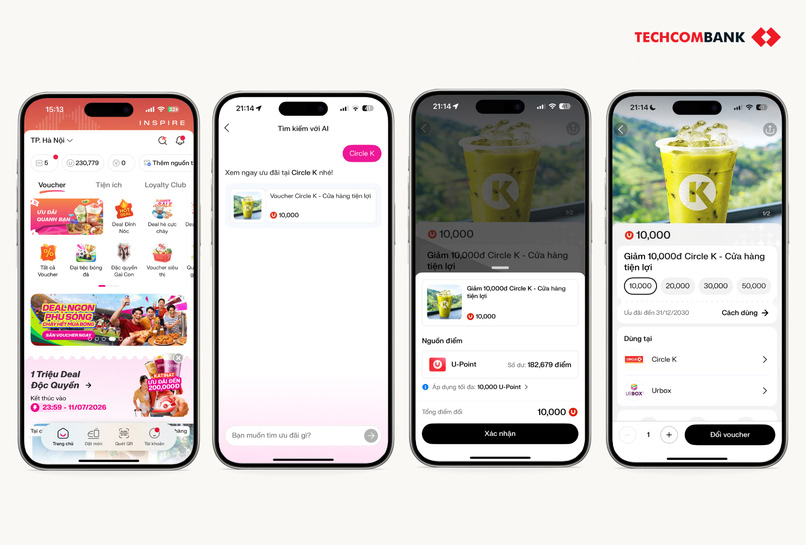 Lấy voucher cửa hàng tiện lợi trên app Techcombank OneU. 

