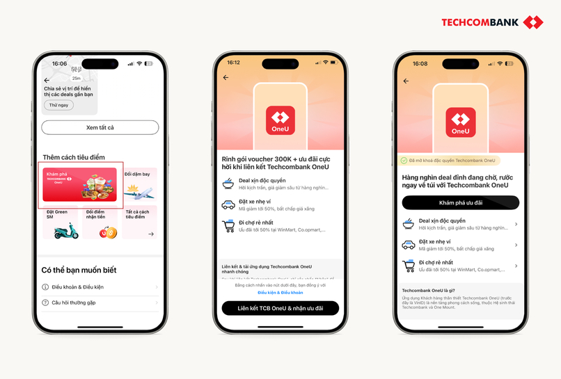 Các bước liên kết Techcombank OneU. 