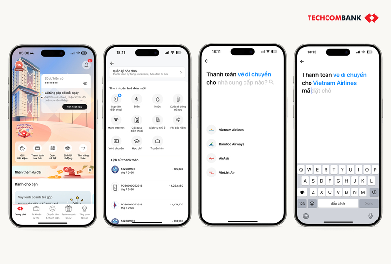 Thanh toán vé máy bay với tính năng Thanh toán hoá đơn trên Techcombank Mobile.