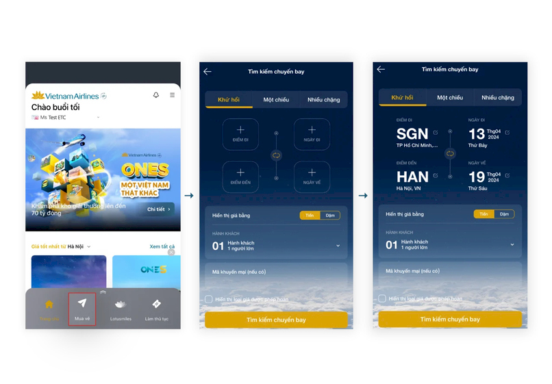 Điền thông tin chuyến bay trên app Vietnam Airlines.