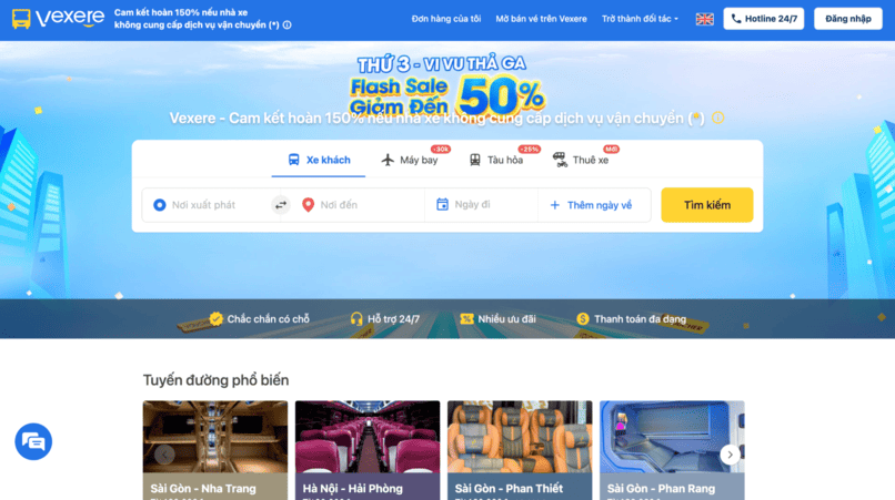 Đặt vé xe online trên website VEXERE và áp voucher Techcombank.