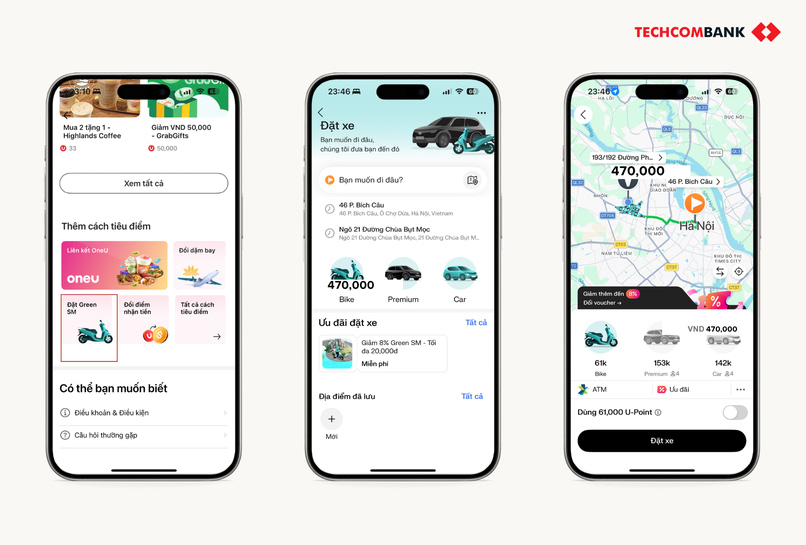 Đặt xe Xanh SM với điểm UPoint trên Techcombank Mobile. 