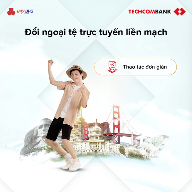 Đổi ngoại tệ trực tuyến dễ dàng trên Techcombank Mobile. 