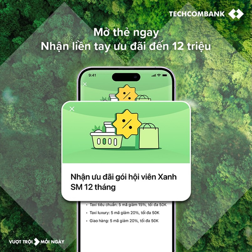 Nhận ưu đãi gói hội viên Xanh SM 12 tháng khi mở thẻ Techcombank Visa Eco.