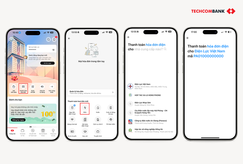 Hướng dẫn các bước đóng tiền tiện trên Techcombank Mobile.