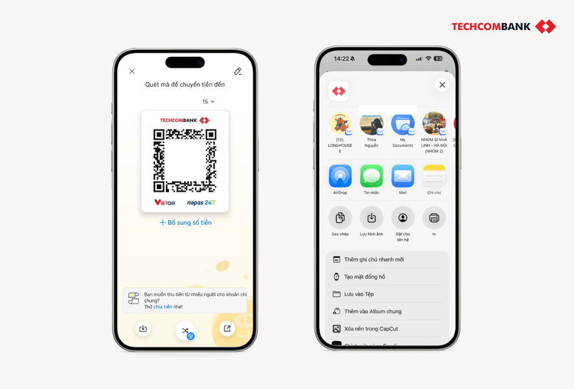 Techcombank Mobile cho phép người dùng gửi mã QR ngân hàng trực tiếp sang ứng dụng khác