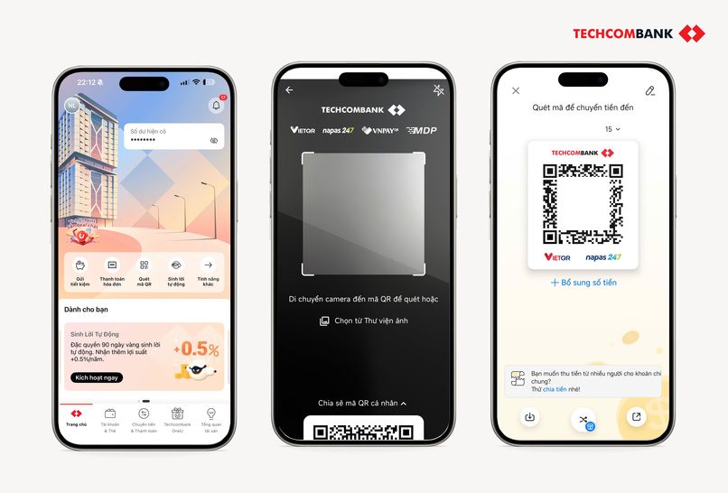 Thao tác lấy mã QR ngân hàng nhanh chóng, chưa đến 30 giây trên Techcombank Mobile