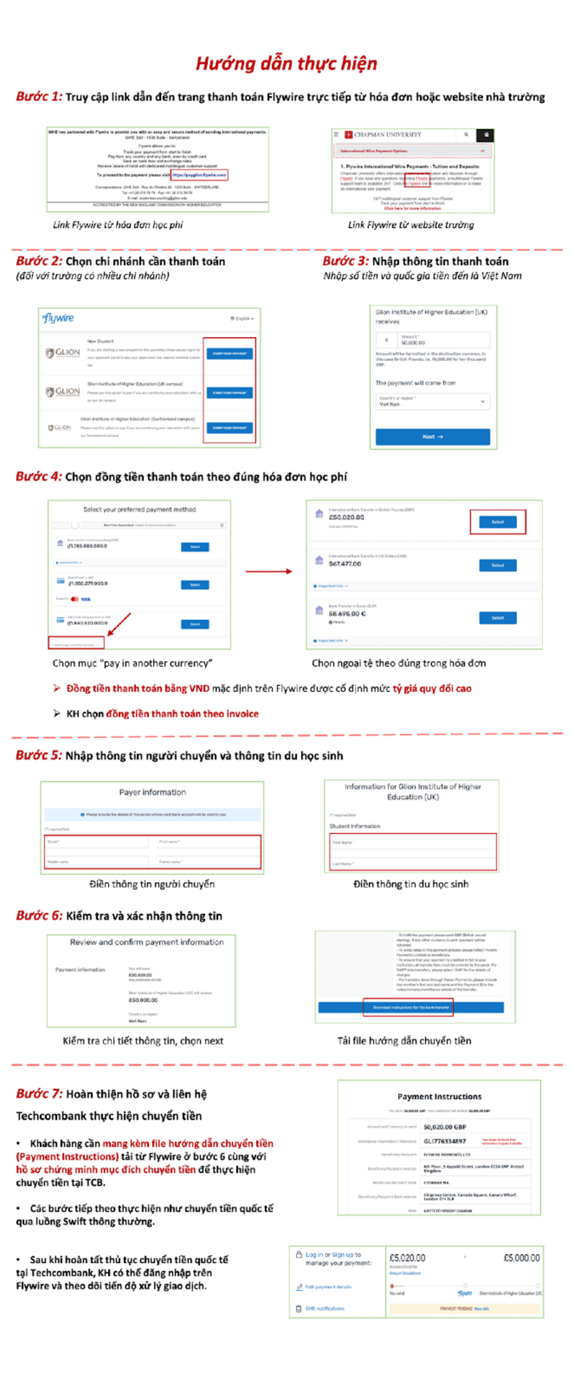Hướng dẫn chuyển tiền qua Flywire cùng Techcombank.