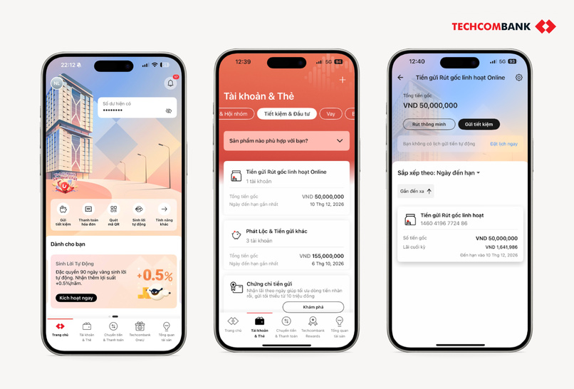 Truy cập Techcombank Mobile lựa chọn mục tiêu tiết kiệm muốn rút.