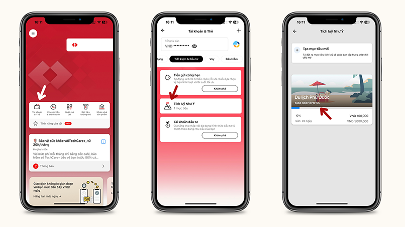 Truy cập Techcombank Mobile lựa chọn mục tiêu tiết kiệm muốn rút.