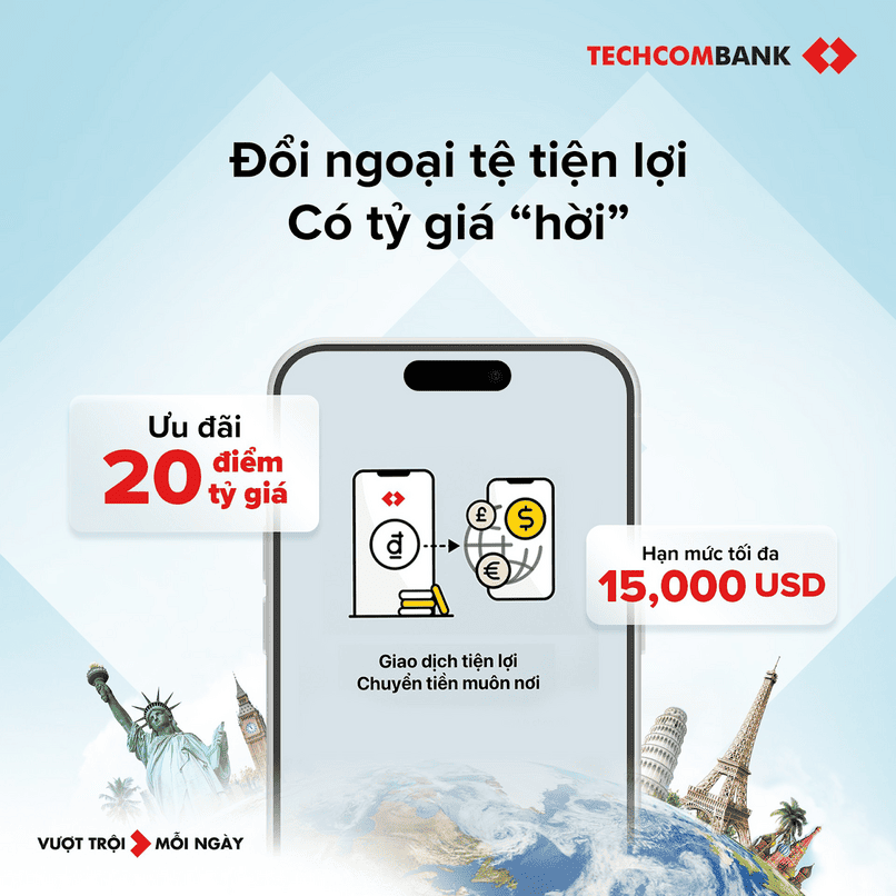 Đổi ngoại tệ tiện lợi để đi du lịch với Techcombank.