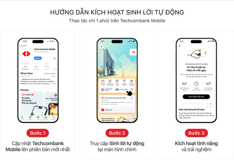 Kích hoạt Techcombank Sinh Lời Tự Động chỉ với 3 bước trên Techcombank Mobile