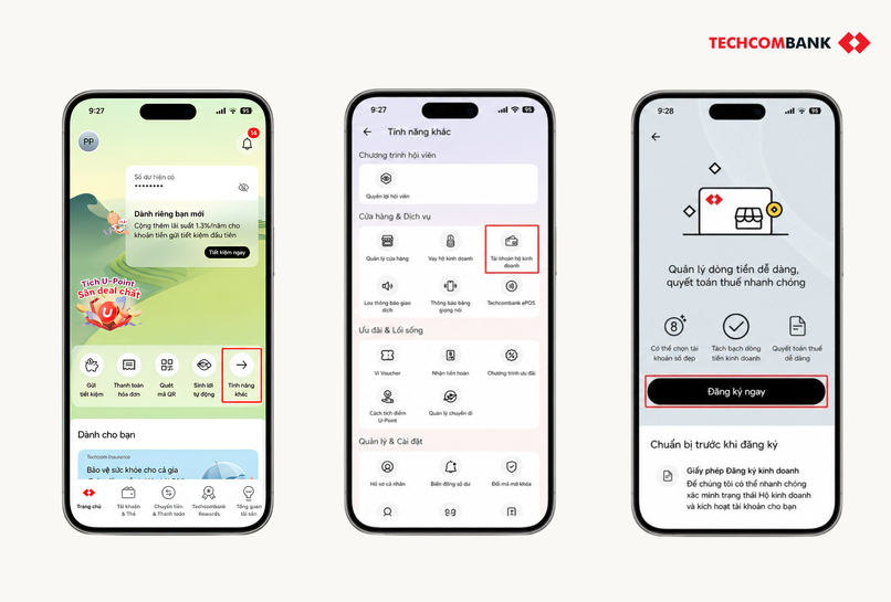 Khách hàng đăng ký mở Tài khoản Hộ kinh doanh trên Techcombank Mobile.
