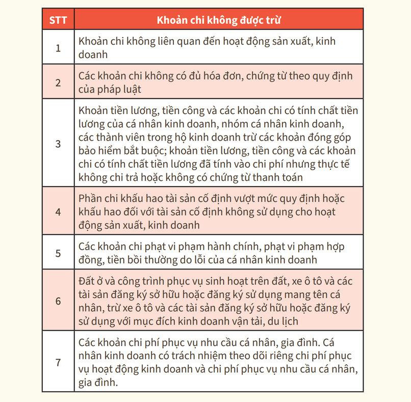 Chi tiết các khoản chi không được trừ.
