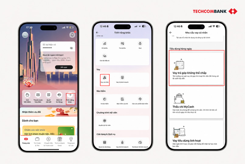 Thao tác vay online trên Techcombank Mobile.