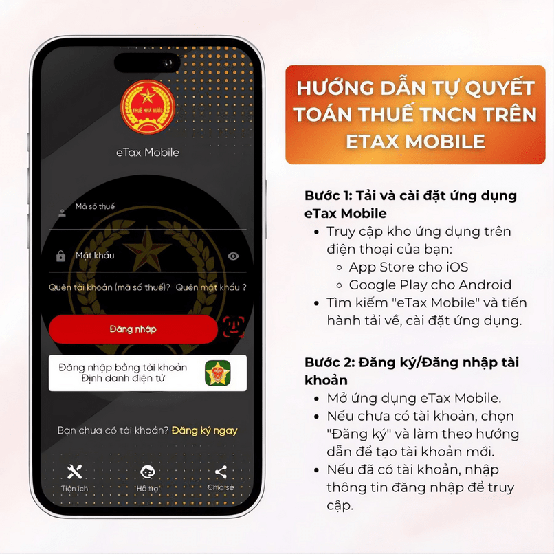 Đăng ký hoặc Đăng nhập tài khoản eTax Mobile.