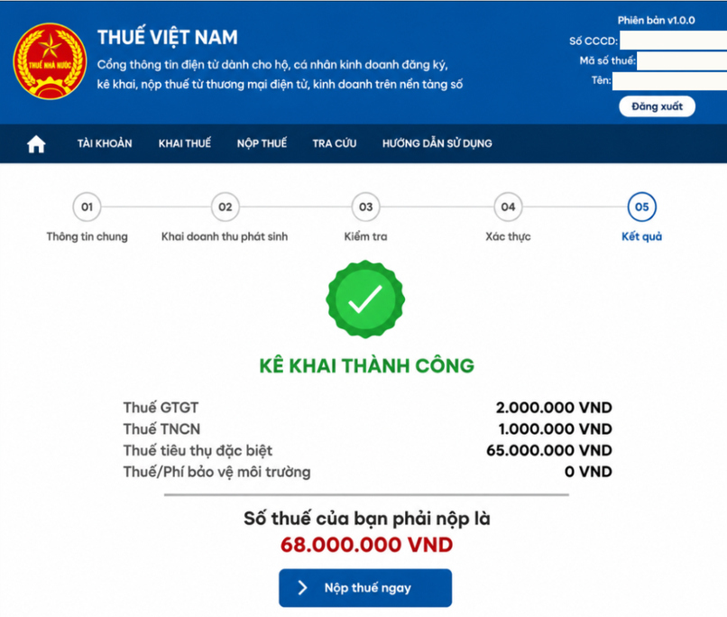 Thông báo kê khai thành công.