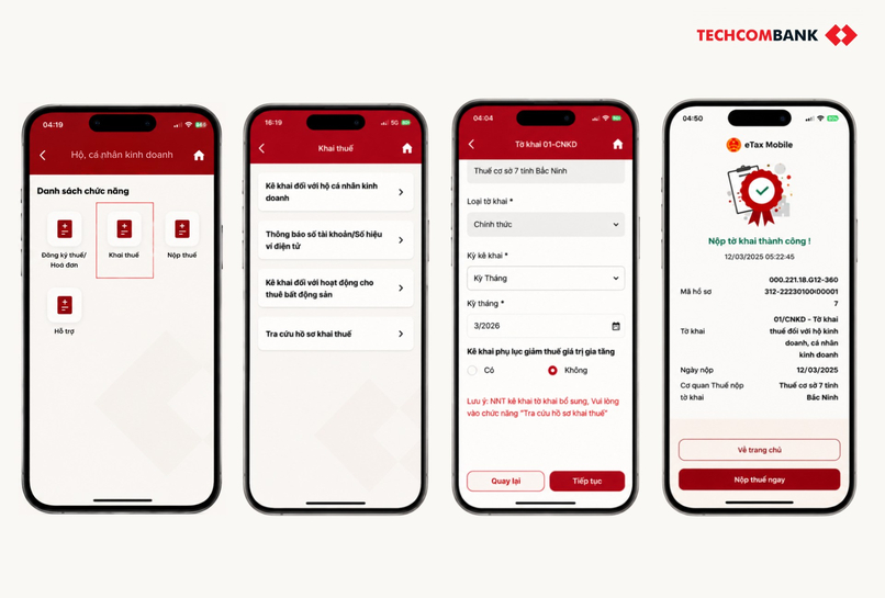 Các bước kê khai thuế hộ kinh doanh trên eTax Mobile. 