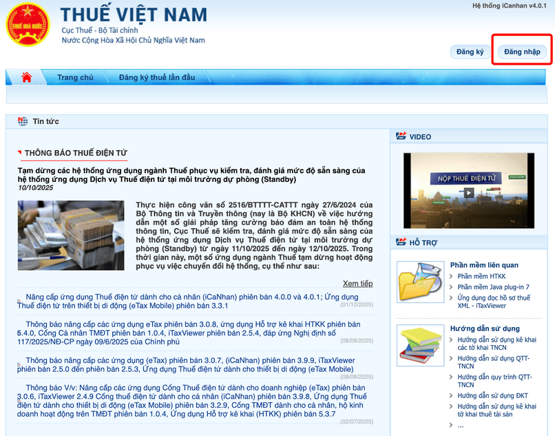 Truy cập vào Cổng Dịch vụ Thuế điện tử dành cho cá nhân, chọn đăng nhập.