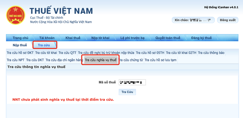 Hệ thống hiển thị trạng thái thuế thu nhập cá nhân của bạn.