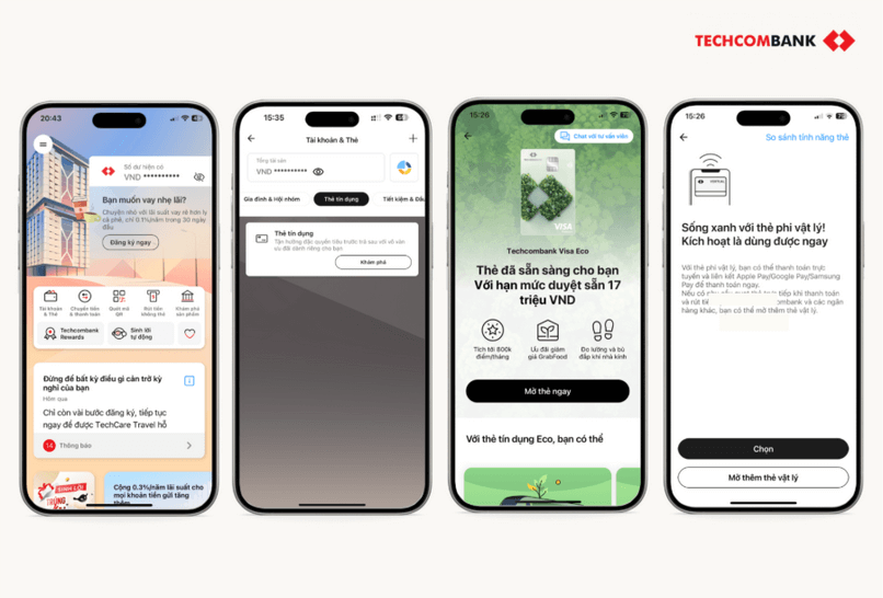 Thao tác mở thẻ tín dụng online trên Techcombank Mobile.