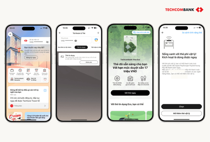 Thao tác mở thẻ tín dụng online trên Techcombank Mobile.