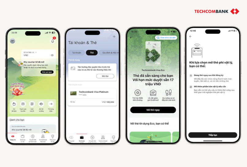Thao tác mở thẻ tín dụng online trên Techcombank Mobile.