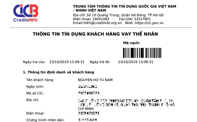 Lịch sử tín dụng của khách hàng cá nhân.