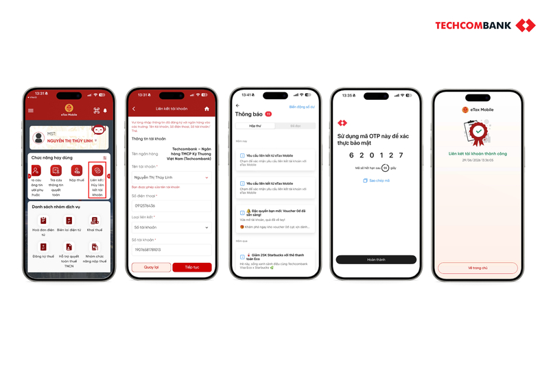 Các bước liên kết Techcombank Mobile với eTax Mobile. 