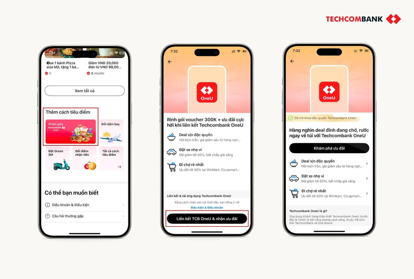 3 bước liên kết tài khoản Techcombank OneU và app Techcombank OneU. 