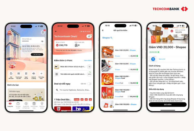 Hướng dẫn đổi điểm UPoint lấy voucher Shopee trên Techcombank Mobile. 