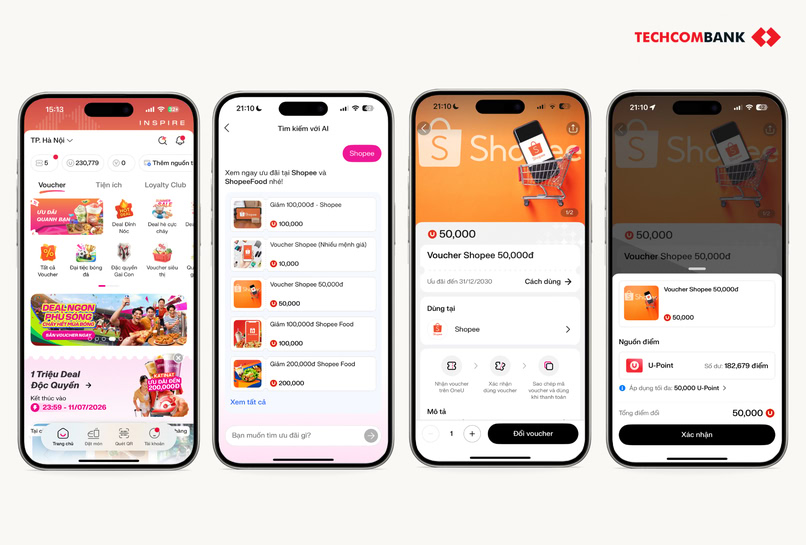 Đổi UPoint nhận voucher Shopee trên app Techcombank OneU. 