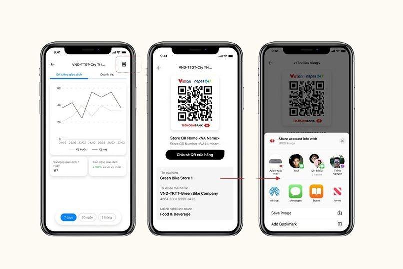 Chủ Doanh nghiệp Bán lẻ cũng có thể chia sẻ mã QR Techcombank của cửa hàng qua ứng dụng khác trên thiết bị.