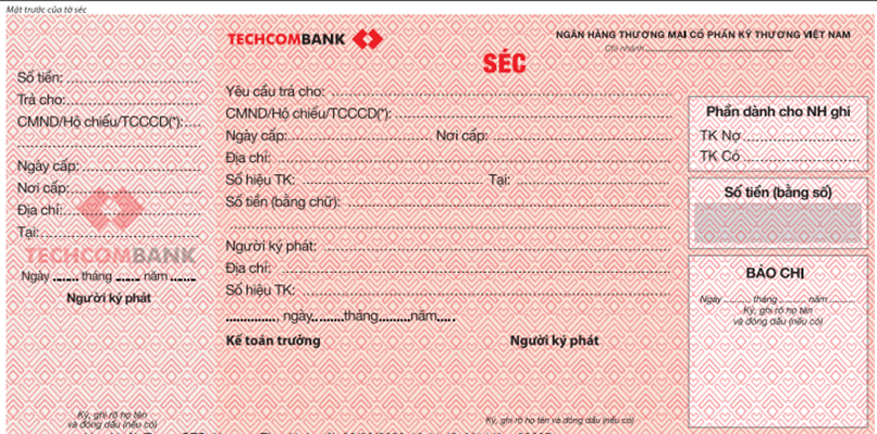 Mặt trước của SÉC rút tiền tại Techcombank