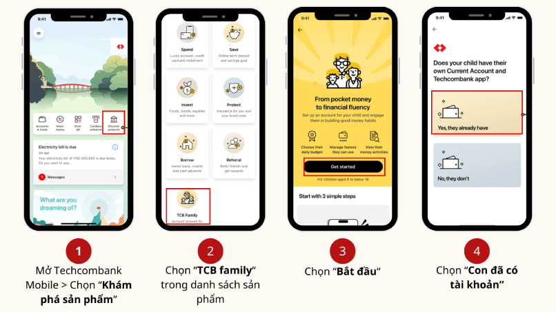 Khách hàng lựa chọn dịch vụ Techcombank Family trên ứng dụng Techcombank Mobile