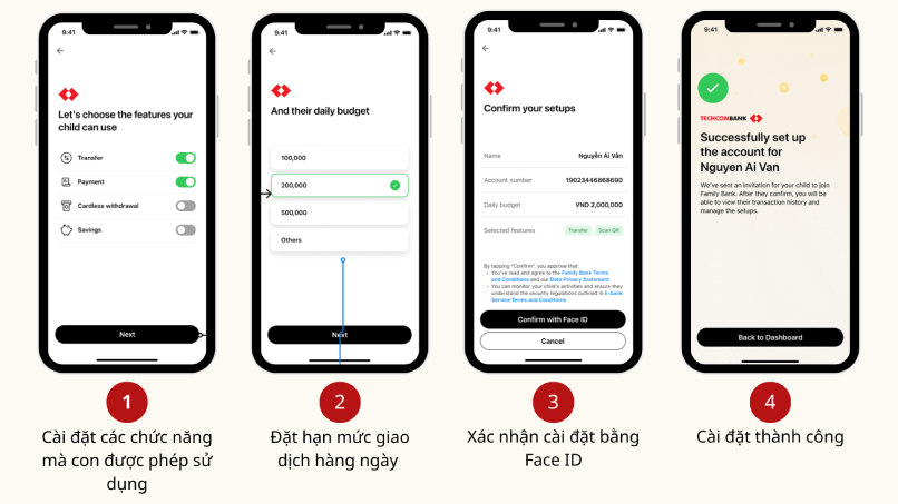 Bố mẹ thực hiện cài đặt chức năng, hạn mức giao dịch cho tài khoản của con