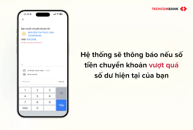Giao diện thông báo số tiền chuyển khoản vượt quá số dư hiện tại 
