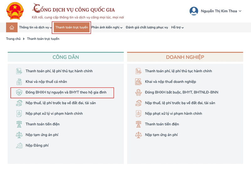 Chọn mục Đóng BHXH tự nguyện và BHYT hộ gia đình để tiến hành gia hạn. 

