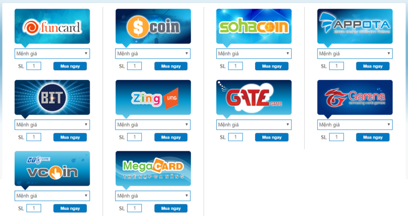 Bạn có thể mua nhiều loại thẻ game đến từ các nhà phát hành khác nhau.